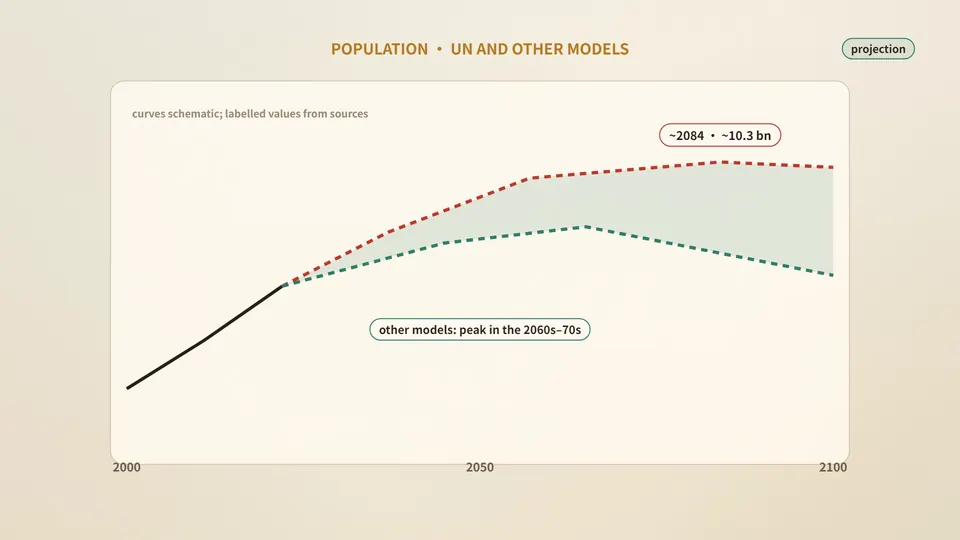 Still from our animation reel: a code-drawn population chart comparing the UN projection with other models.