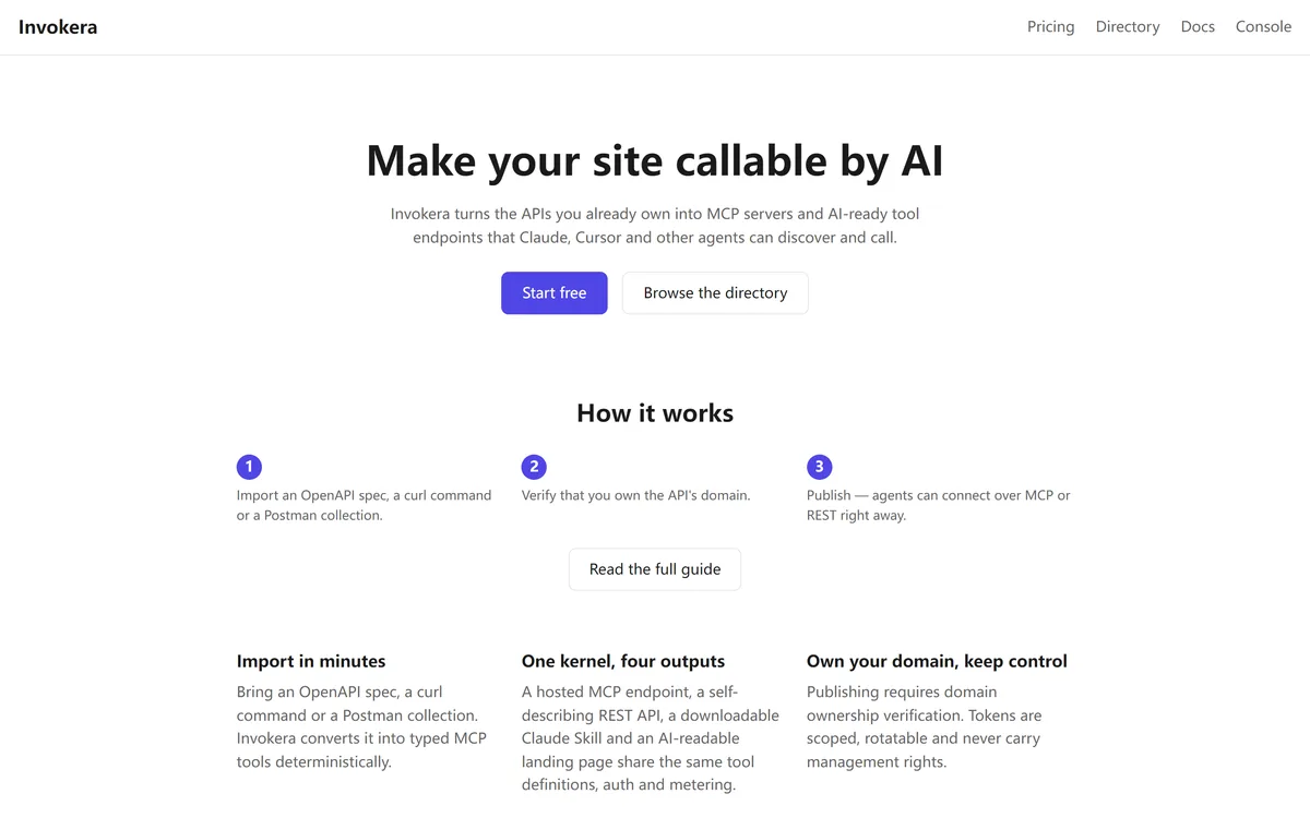 Invokera home page: make your site callable by AI.