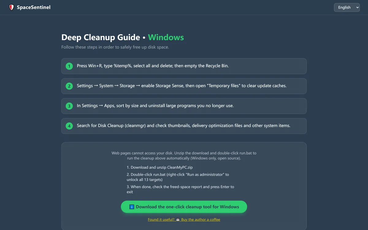 SpaceSentinel in English: step-by-step Windows clean-up guide.